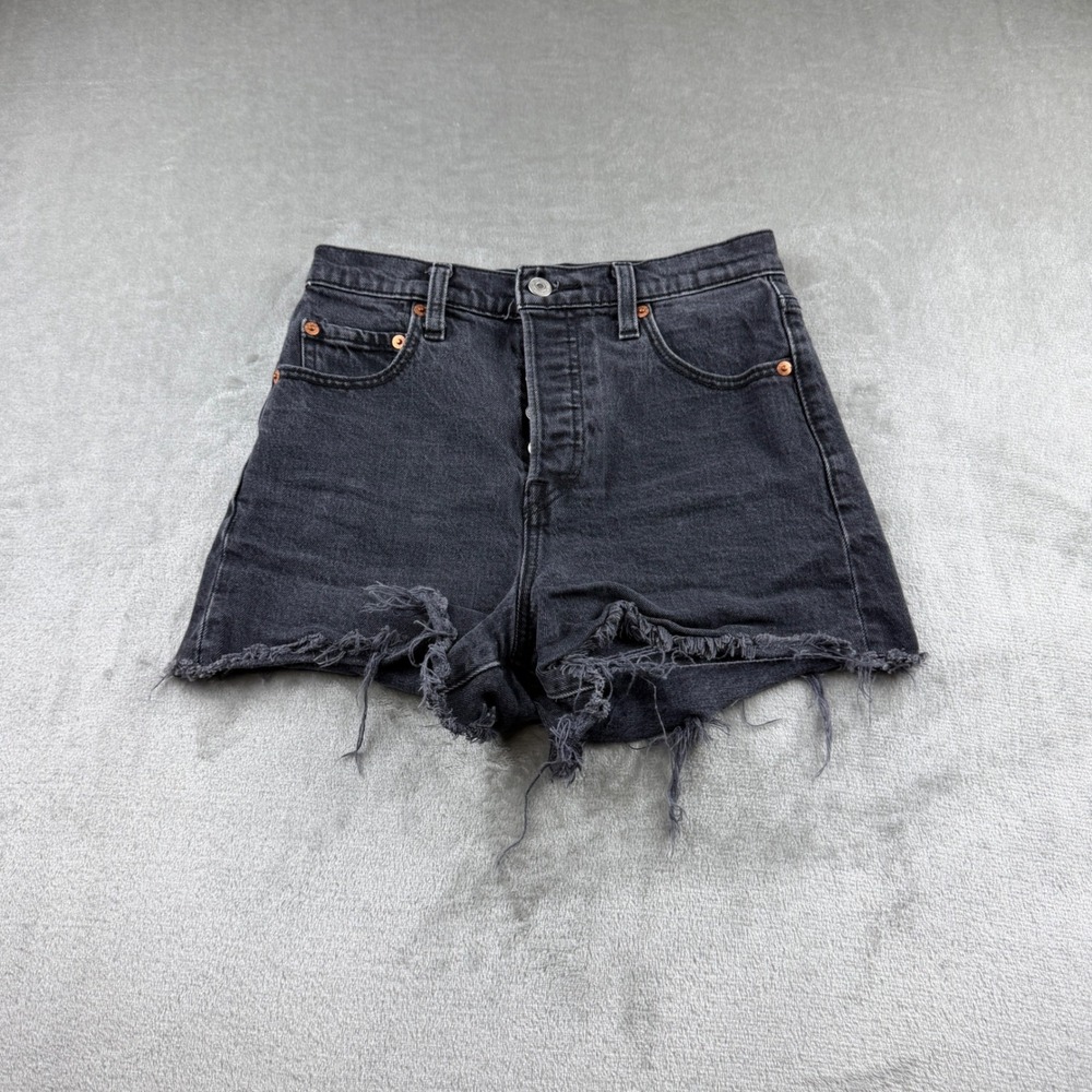 VINTAGE Levis Ribcage Shorts Women's 26 Black Distressed Denim Cut Off High Rise